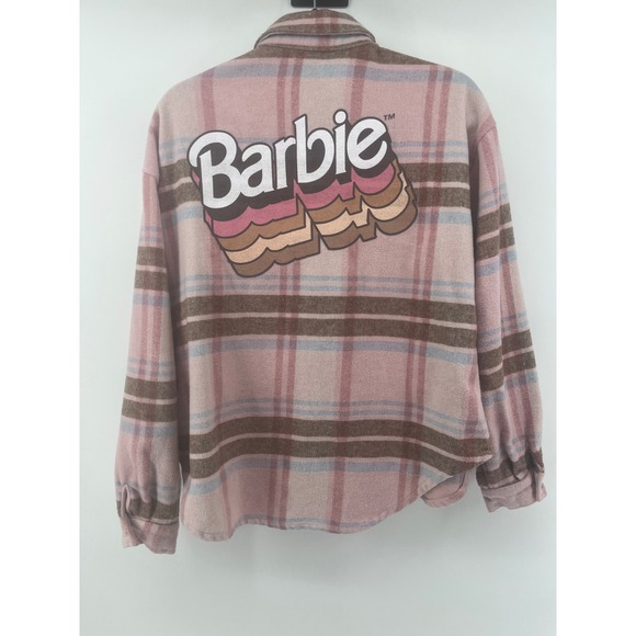 Barbie Jackets & Blazers - Barbie Movie Pink Plaid Flannel Shacket Button Up Jacket Logo Back Womens Medium